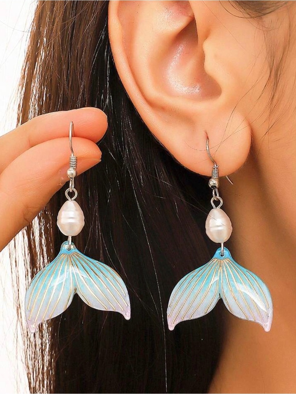 Blue Mermaid Tail Drop Earrings with Pearl Accent - Picture 6 of 7